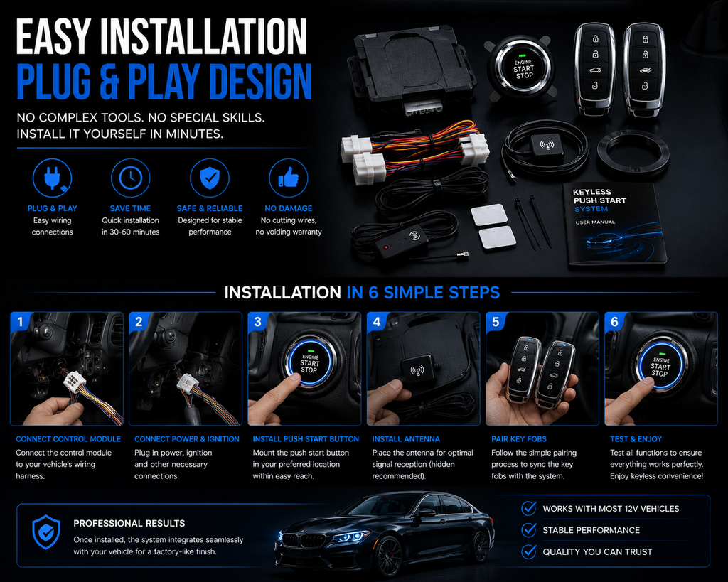 NordGear Smart Keyless Push Start System – Universal Remote Engine Start & Car Security Kit