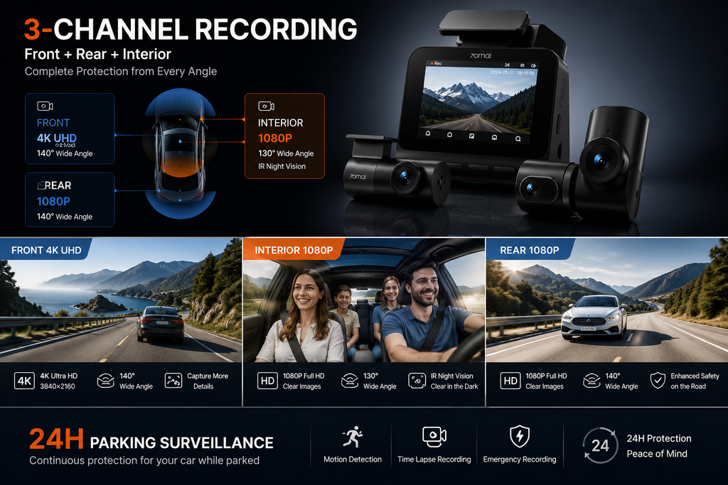 NordGear 4K Triple Vision Pro – 70mai T800E Smart 3-Channel Dash Cam with GPS & 24H Parking Mode