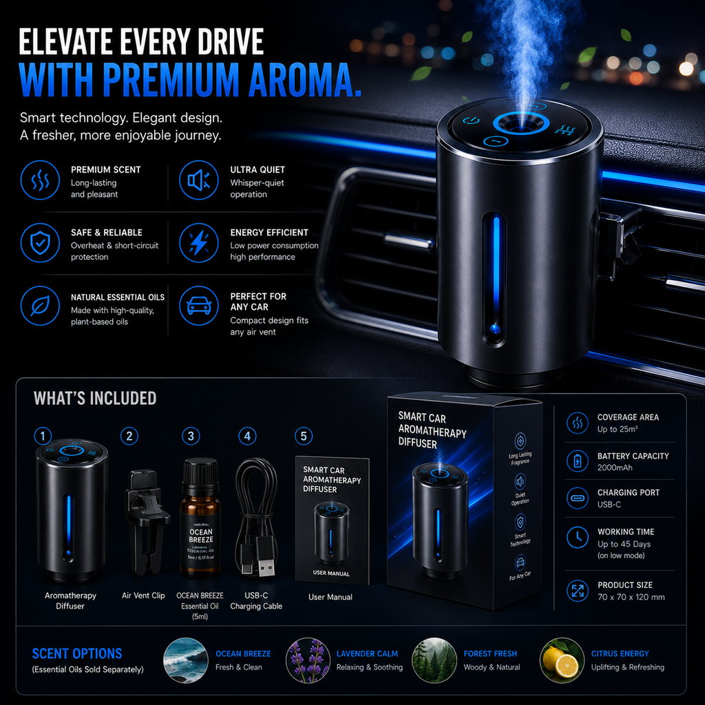 Smart Car Air Aromatherapy Diffuser Fragrance Car Air Fresheners With Three Adjustable Humidifier Essential Oil Diffuser